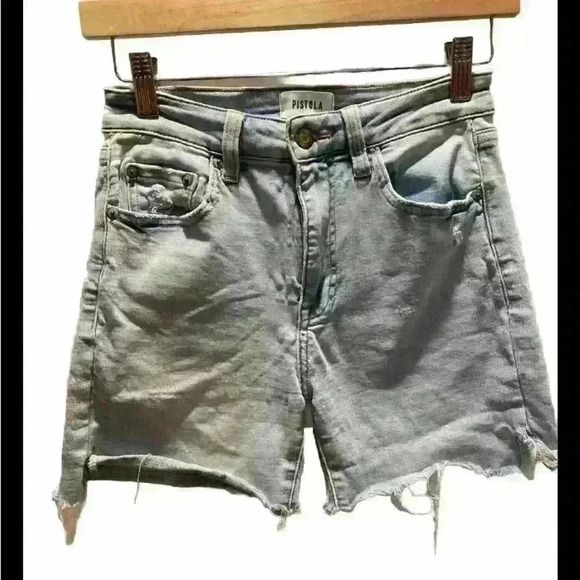 Pistola Women's Blue Medium Denim Wash Frayed Distressed Raw Hem Long Short 25 - Picture 1 of 5